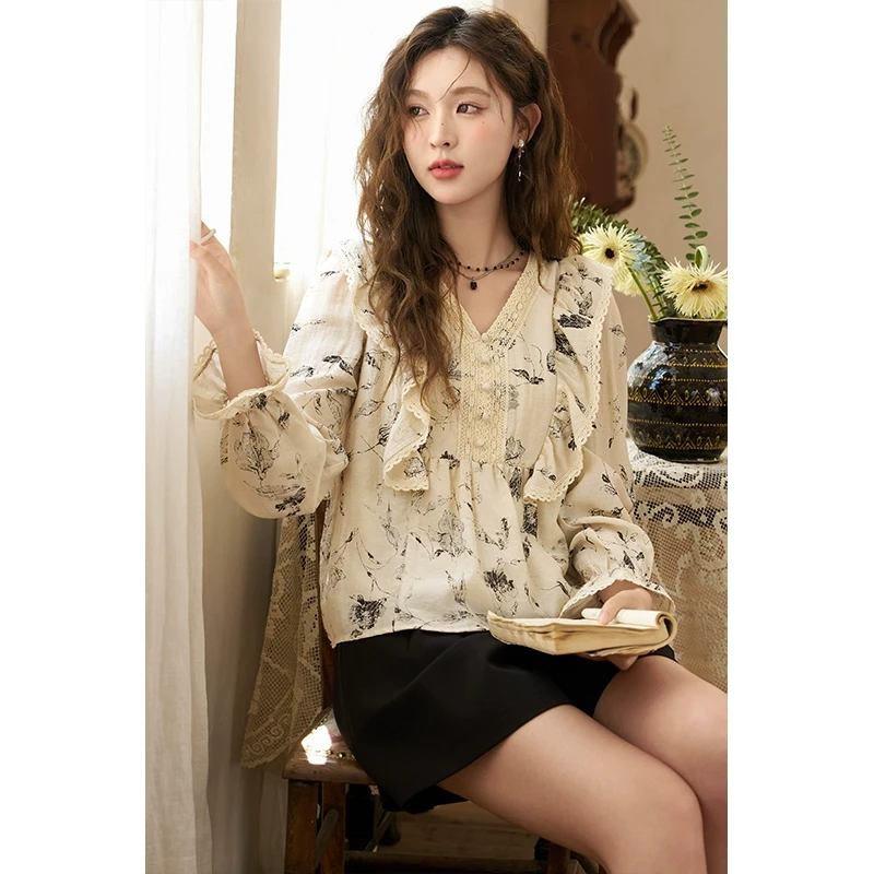 【直播专属】谜秀法式复古V领碎花衬衫设计感气质显瘦MXD14X1350