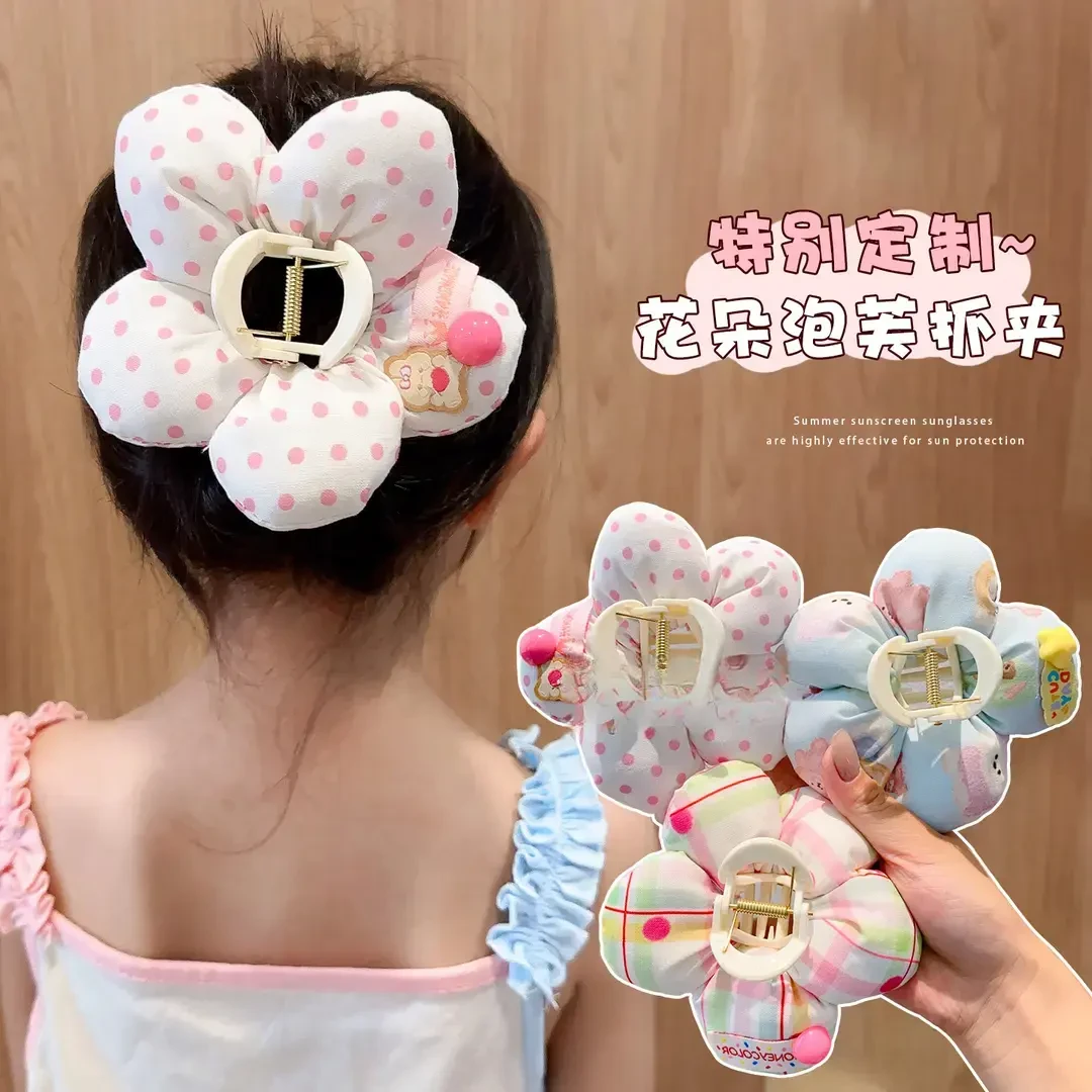 W2025款儿童立体波点花朵抓夹女童后脑勺发夹鲨鱼夹甜美充棉发饰