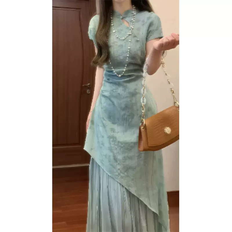 新中式国风禅意绿色晕染碎花连衣裙清冷松弛感漂亮独特改良旗袍裙