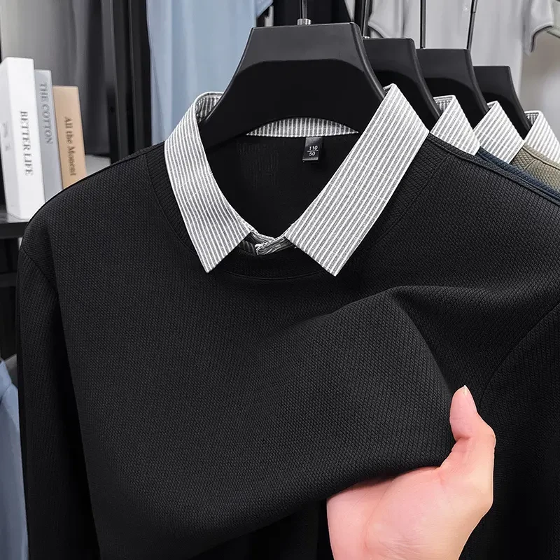 男士春季新款假两件长袖百搭翻领POLO衫商务休闲时尚条纹打底衫