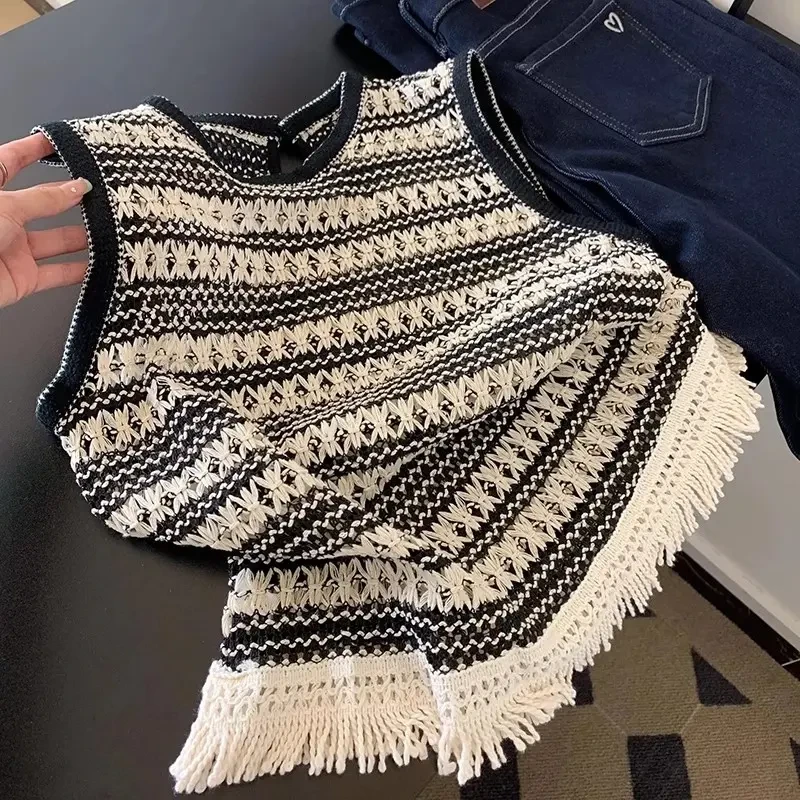 【运费补贴5元】条纹流苏吊带针织背心女外穿2025新款夏日无袖上衣