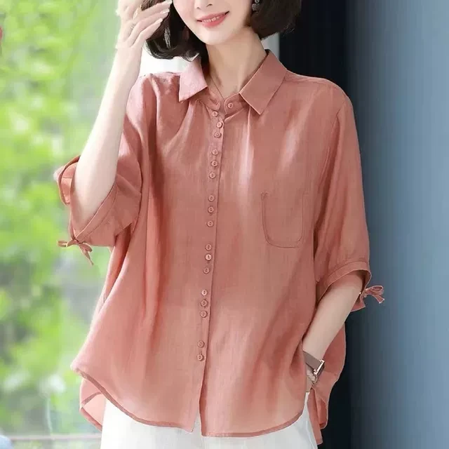 五分袖棉麻衬衫女夏季新款2025宽松大码减龄休闲短袖衬衣女士上衣