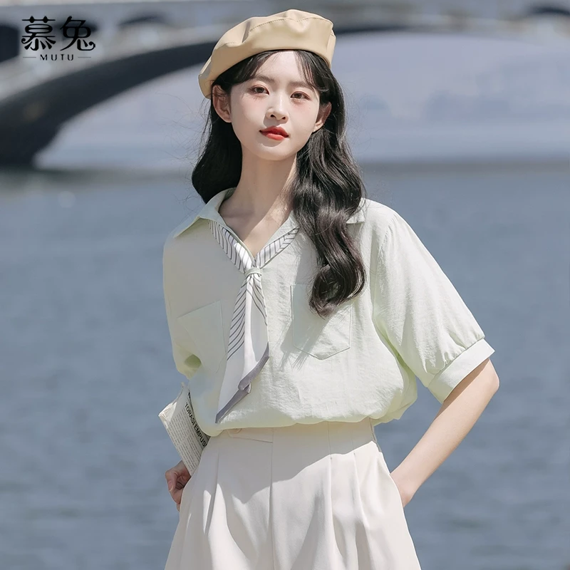 慕兔减龄法式甜美小衫上衣女2024夏季新款别致设计感小众短袖衬衫