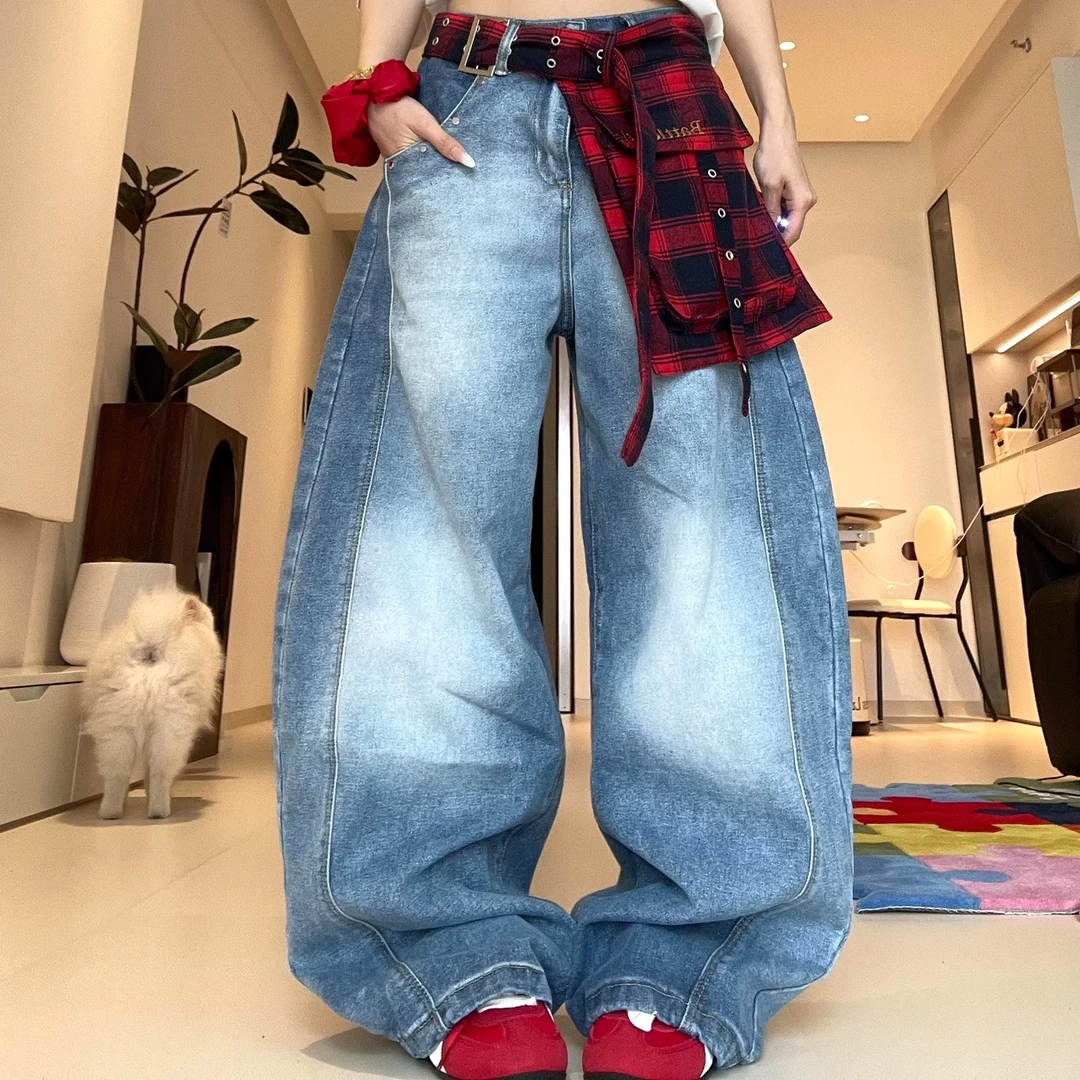 布零零水洗高街美式复古弯刀格子裤子直筒阔腿宽松牛仔裤女夏薄款