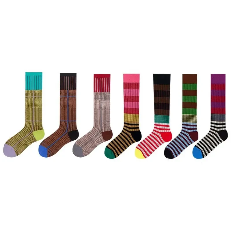 早春显瘦彩色条纹拼色复古千鸟格纹小腿袜美腿及膝长筒袜女堆堆袜