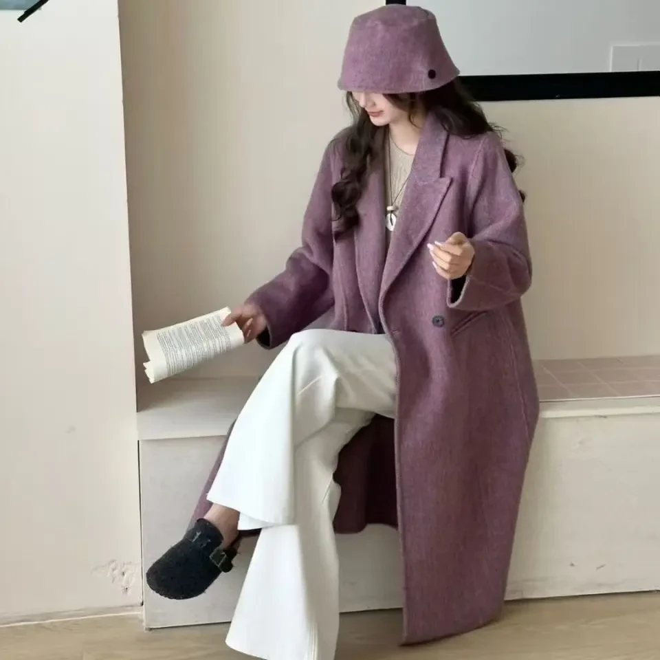 女士秋冬新款双面羊驼毛西装领长款韩版宽松呢大衣外套