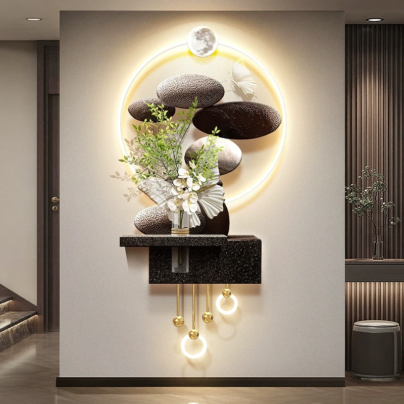 《石来运转》玄关装饰画轻奢风水培绿植创意蝴蝶客厅立体亚克力壁画