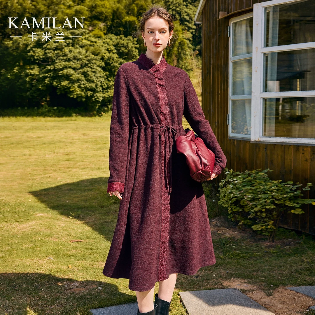 [羊毛]卡米兰羊毛连衣裙女2024秋冬新款收腰中长款衬衫裙A字裙
