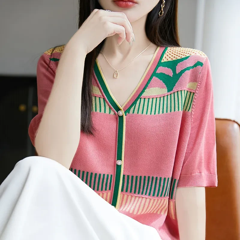 【温柔知性】正品新款韩版气质拼色时尚休闲洋气百搭针织衫T恤宽松