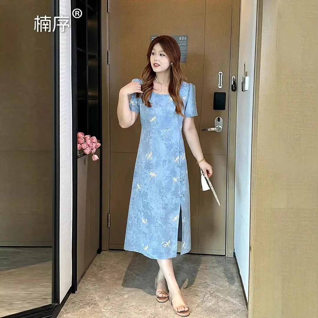 楠序迪迪微胖大码女装2024夏季胖mm显瘦新中式连衣裙国风气质裙子