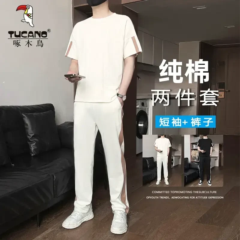 啄木鳥简约休闲套装男韩版新款夏季白色长裤时尚潮流两件百搭
