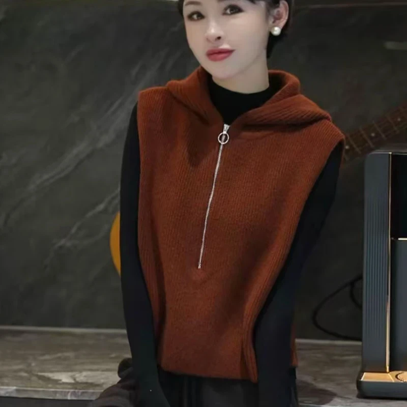 欧货毛衣纯色无袖针织打底衫马甲2025秋季连帽设计感马夹上衣女装