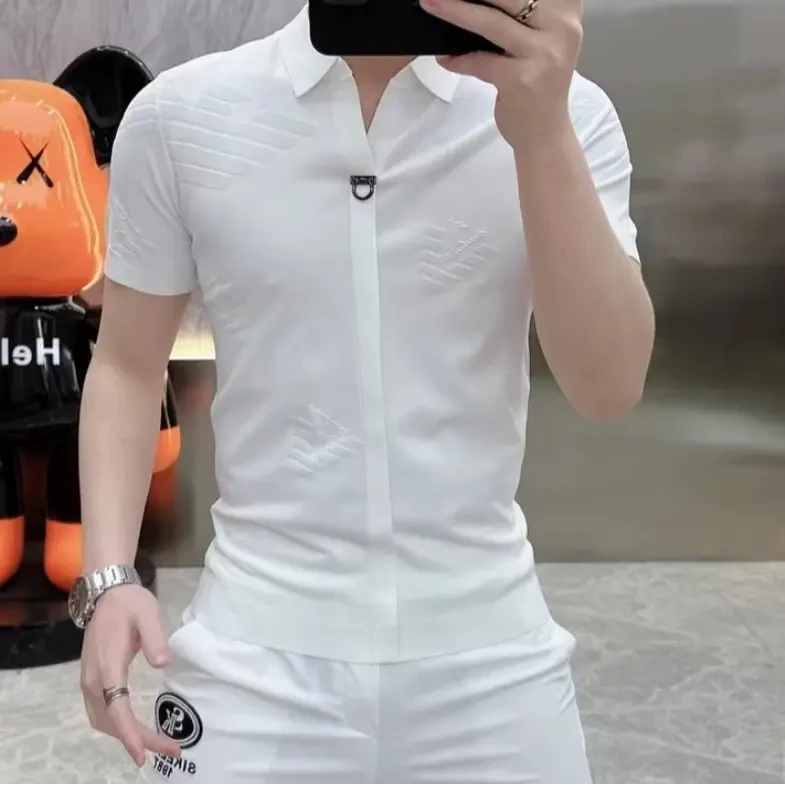 2025夏季新款修身弹力提花帅气青年百搭翻领冰丝短袖T恤男