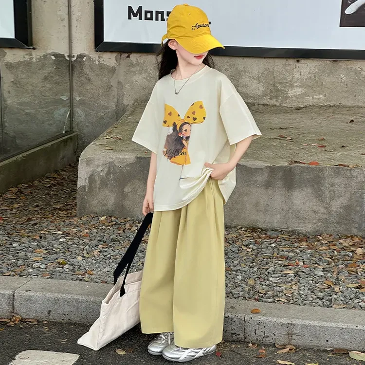 女童套装2025夏季新款儿童休闲百搭短袖T恤女孩薄款阔腿裤两件套t