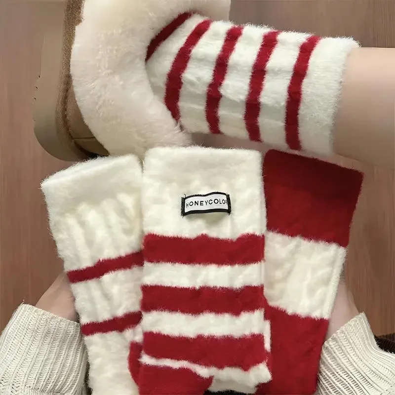 新款红色袜子女本命年蛇年秋冬季加绒加厚保暖地板袜中筒睡眠袜yw