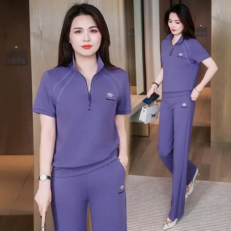 休闲运动套装女夏季新款时尚宽松短袖半拉链恤直筒裤两件套薄款