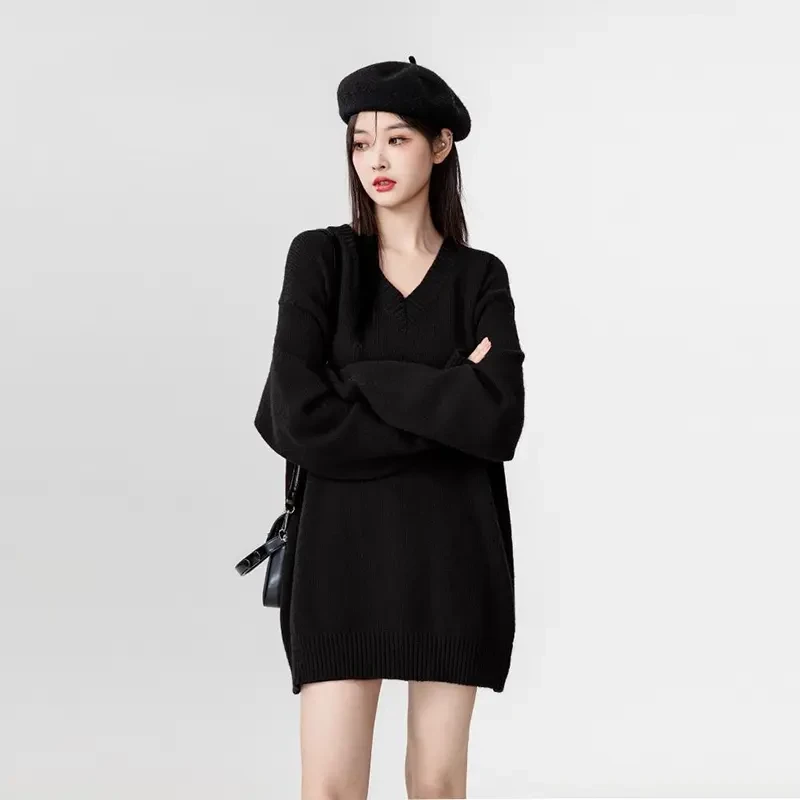 韩版大码秋冬内搭加厚女打底衫上衣胖mm慵懒毛衣中长款黑色针织衫