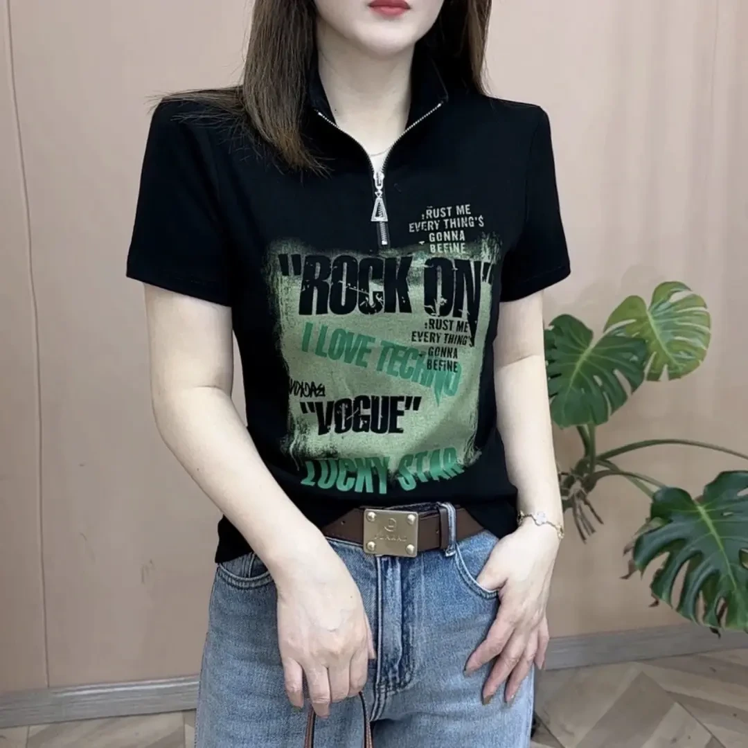 2024春夏季新品时尚打底百搭显瘦短袖休闲T恤半拉链女士翻领上衣