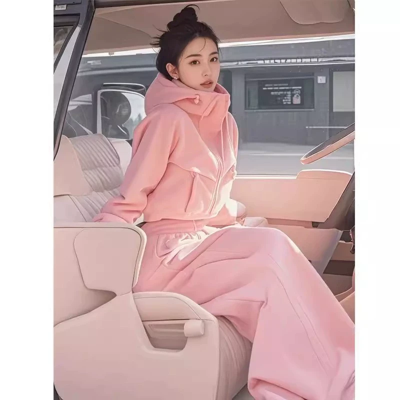冬装搭配一整套大码胖mm加绒连帽卫衣裤子休闲运动粉色两件套装女