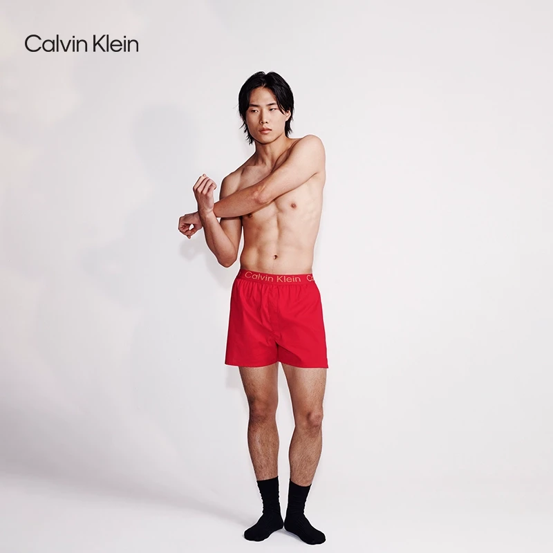 CK内衣男士本命年新年红提花腰边纯棉宽松家居平角内裤40352MF