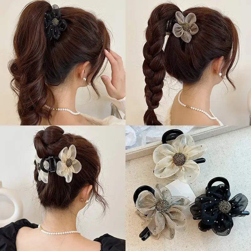 水钻花朵抓夹满钻网纱发夹女2025新款后脑勺高马尾夹子头饰鲨鱼BA
