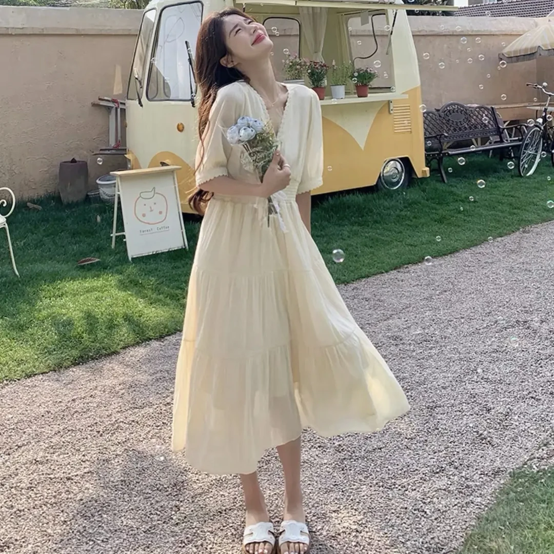 【董咚咚】V领收腰夏季新款甜美气质连衣裙300斤