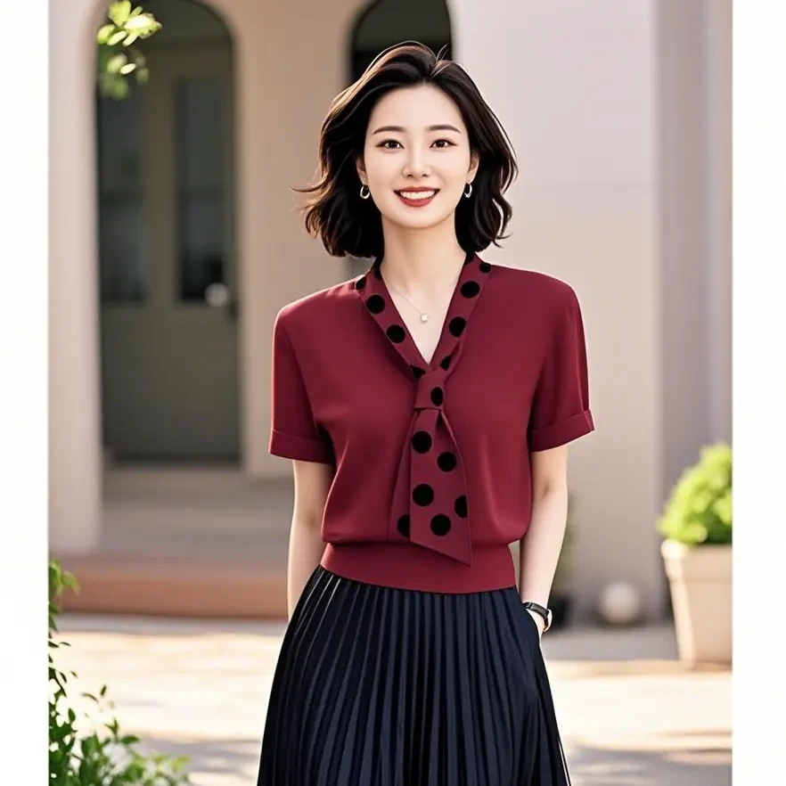 轻熟气质设计感红色短袖T恤2025年女装春夏新款高级感丝巾上衣