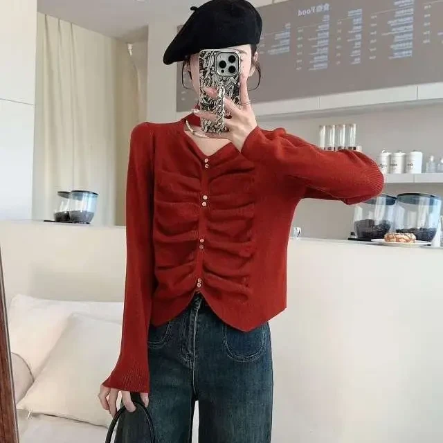 法式V领泡泡袖针织衫女春秋冬修身显瘦褶皱纽扣毛衣打底上衣