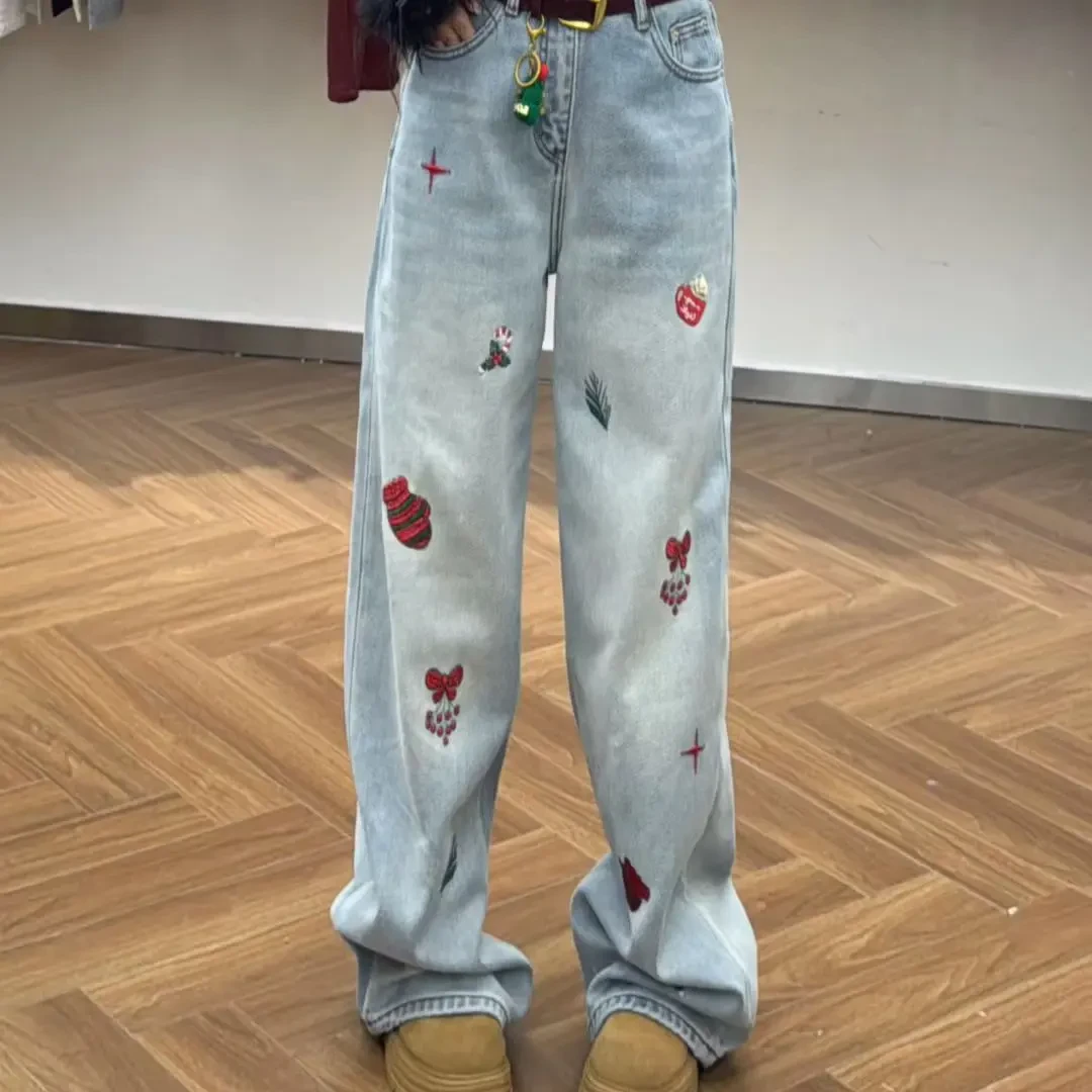 南油高品质加绒刺绣圣诞系列牛仔裤女冬季新款高腰显瘦阔腿垂感裤