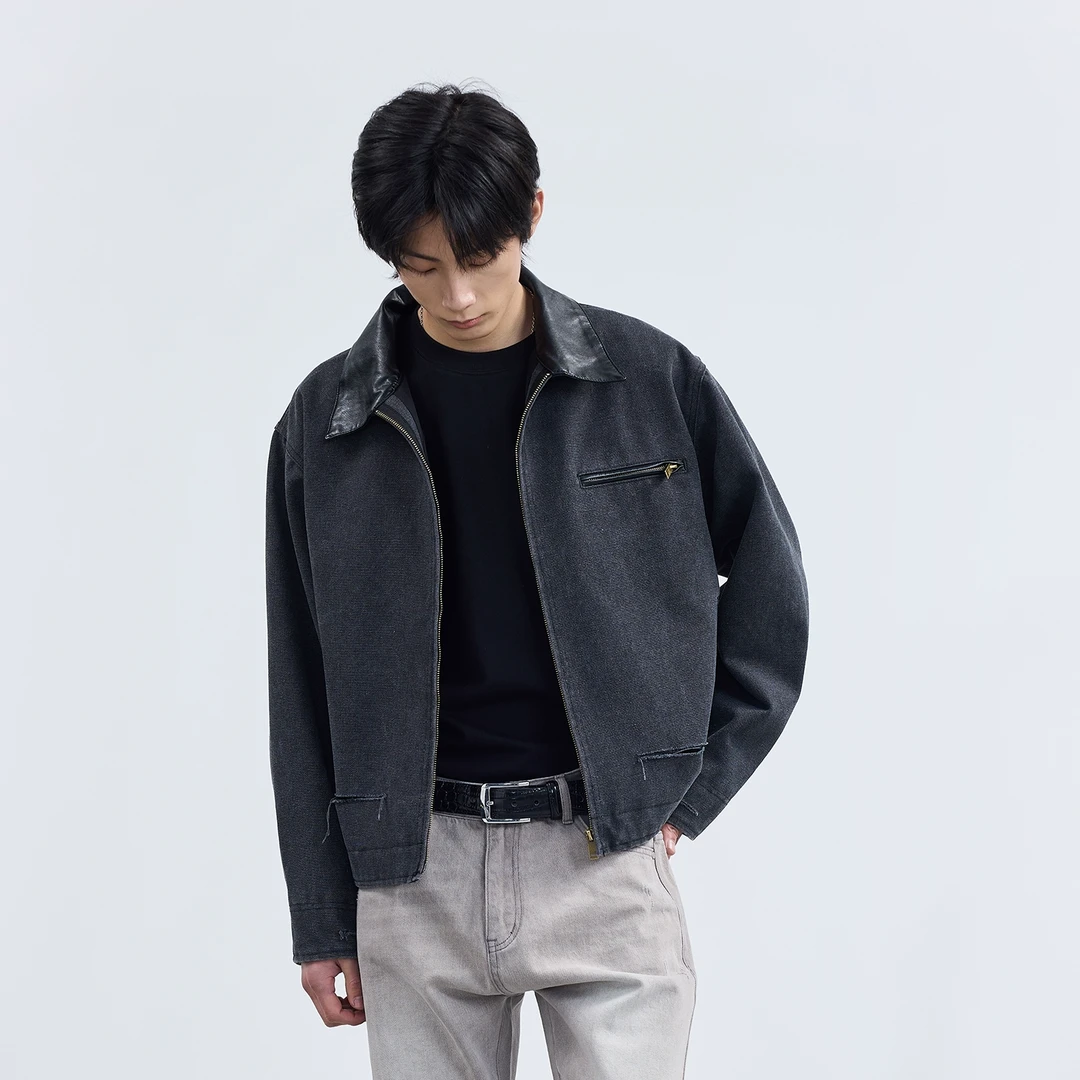 TERRAINCOGNITA郑润泽同款三色皮领水洗帆布底特律夹克休闲宽松