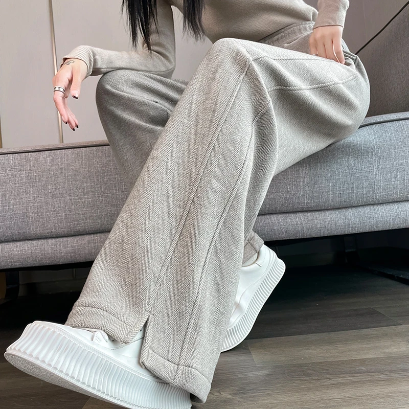 人字纹加绒加厚长款显瘦阔腿裤女秋冬毛呢开叉裤子直筒窄版香蕉裤