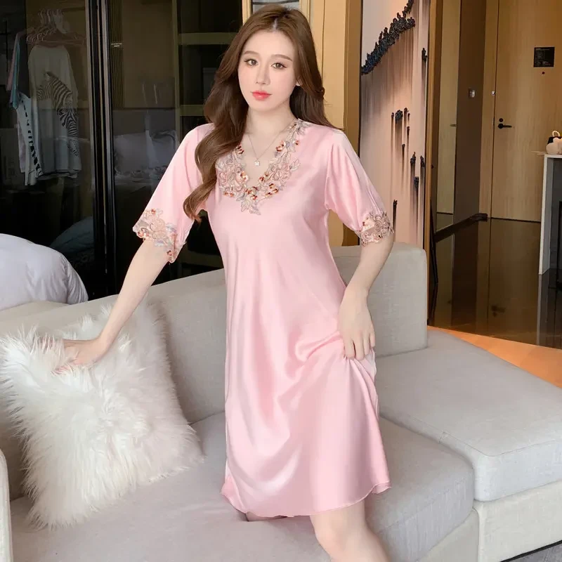 【斑斓冰丝】高档薄款缤纷性感v领睡裙 五彩蕾丝花边 轻奢减龄