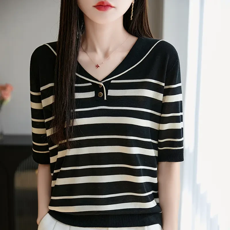 100莱赛尔条纹海军V领提花针织衫时尚百搭夏季薄款