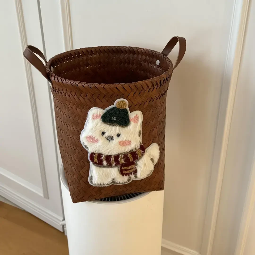 可爱长毛小狗加大圆款大容量编织脏衣篮复古仿藤编杂物零食收纳筐