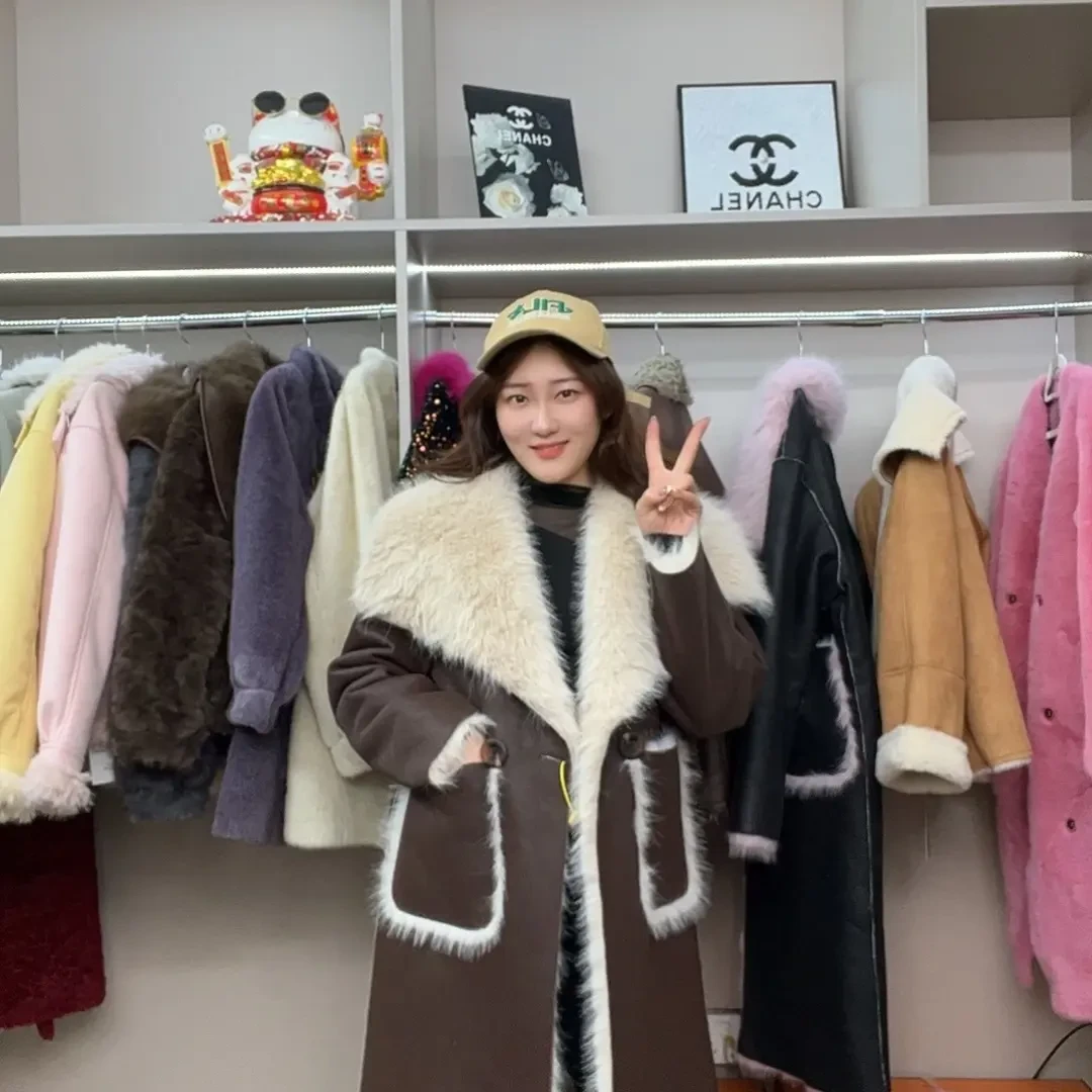 毛领长款外套女秋冬新款休闲时尚翻领落肩袖轻奢长袖女装大翻领