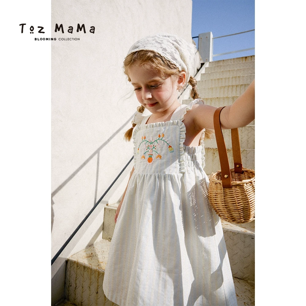 Toz Girls豆几妈4/23夏季新款撞色绣花飞飞袖连衣裙女童洋气裙子