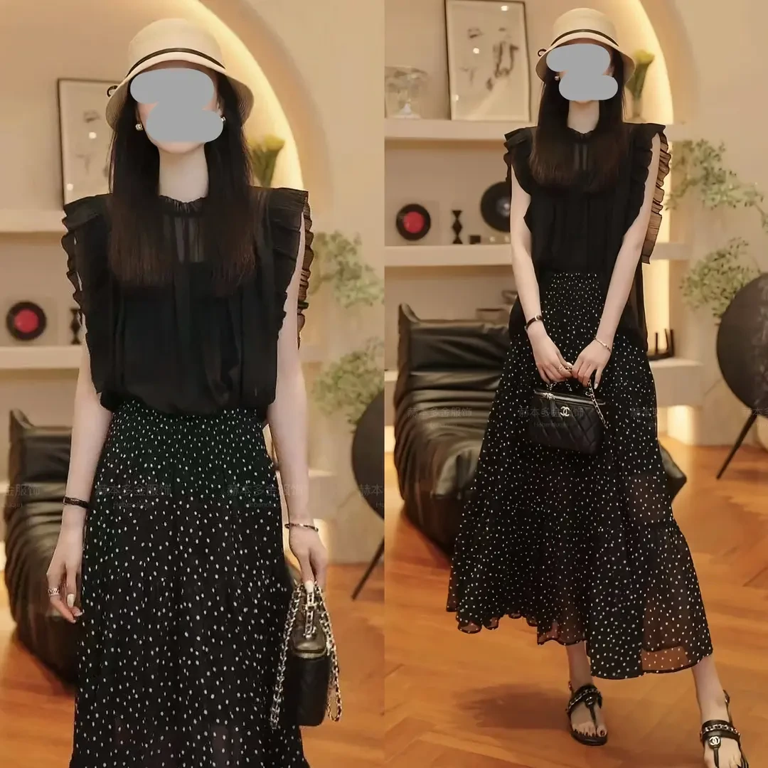 2025夏季减龄显瘦无袖上衣透气罩衫通勤百搭波点半身裙气质套装女