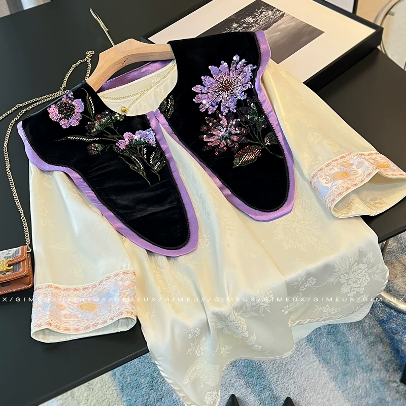 国风t恤五一出游高级感穿搭夏季2025新款新中式刺绣亮片披肩+上衣