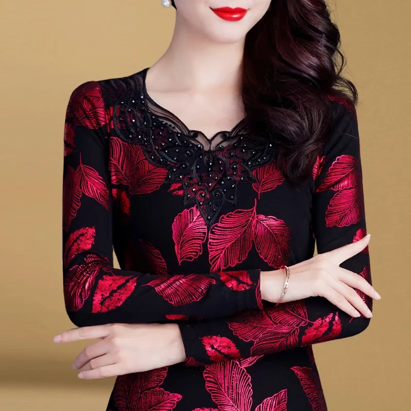 0137小衫加绒加厚网纱蕾丝打底衫