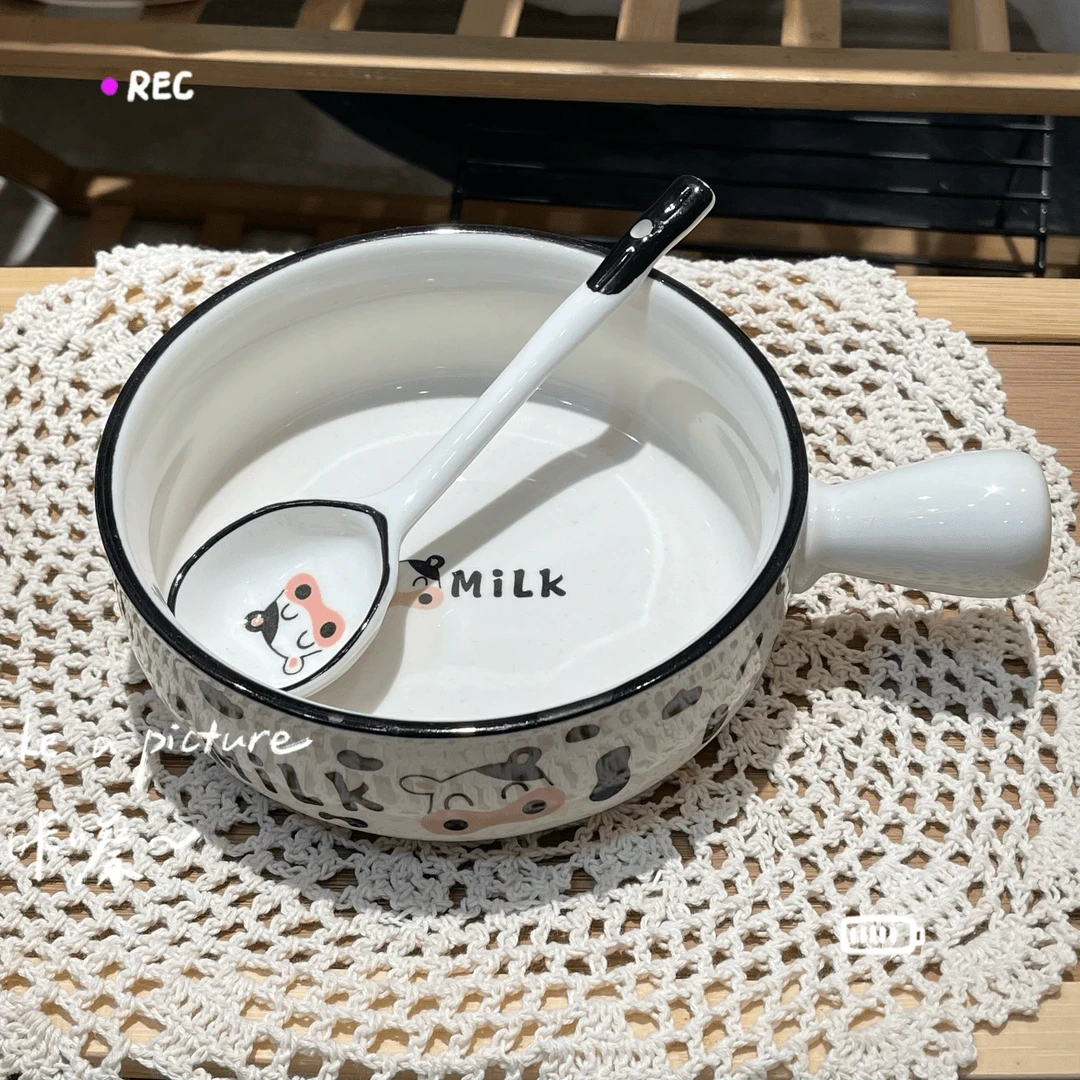 【2件套】陶瓷奶牛手吧碗勺米饭碗套装宿舍碗甜品勺家用餐具
