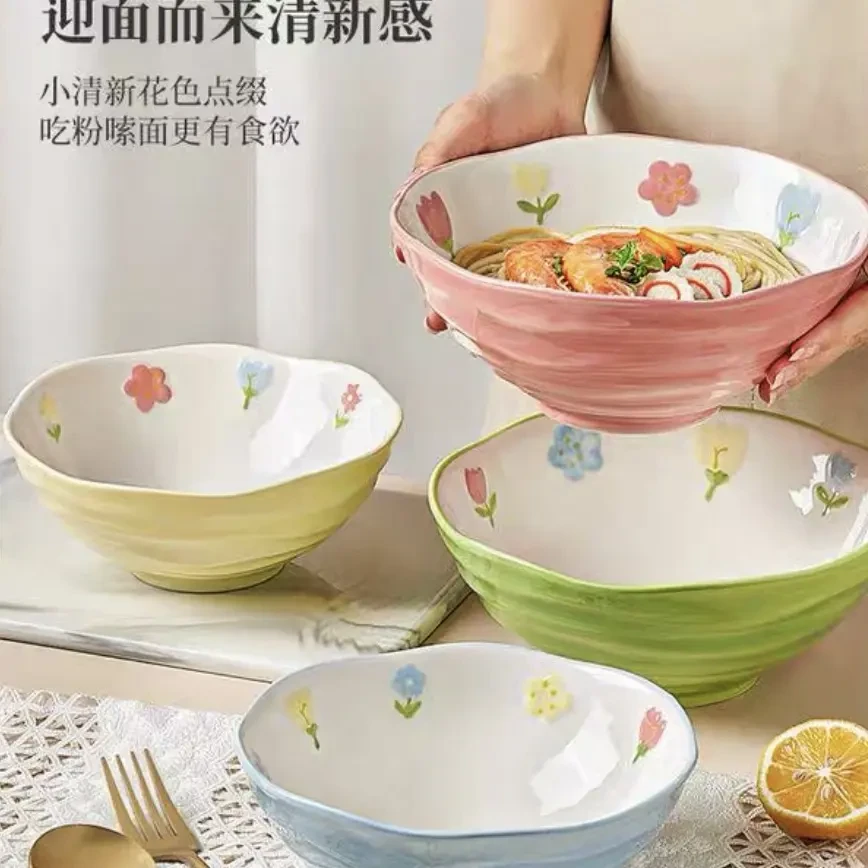 田园花卉陶瓷面碗沙拉面碗面勺多种颜色适配拉面防滑实用高颜值