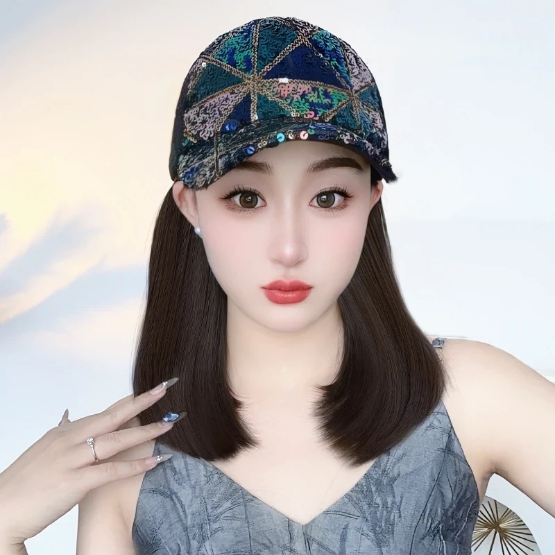 【春夏款】帽子假发一体时尚减龄百搭潮流亮片鸭舌帽短内扣显脸小女