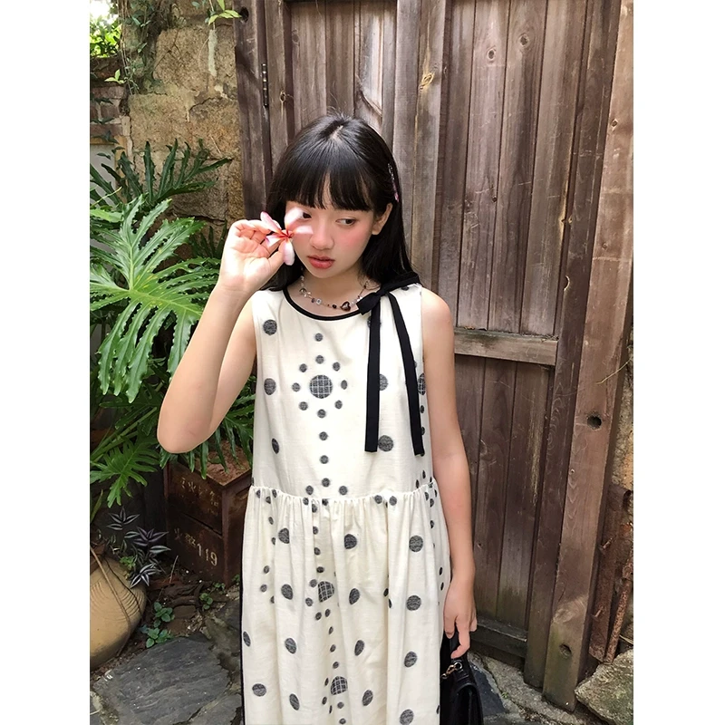 嘿山姥姥棉麻感无袖连衣裙子女系带印花波点甜美小个子背心裙