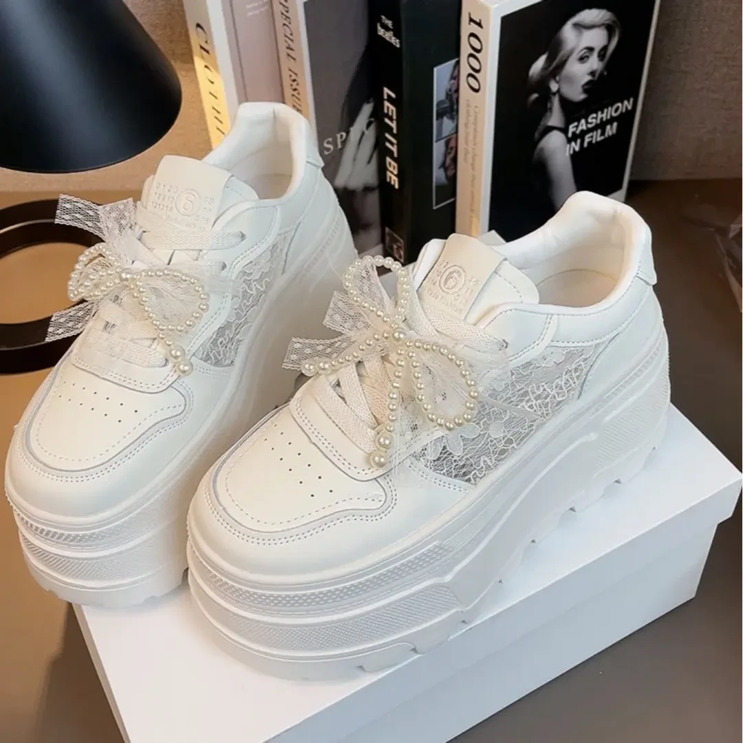 9厘米增高夏款蕾丝网面蝴蝶结厚底小白色