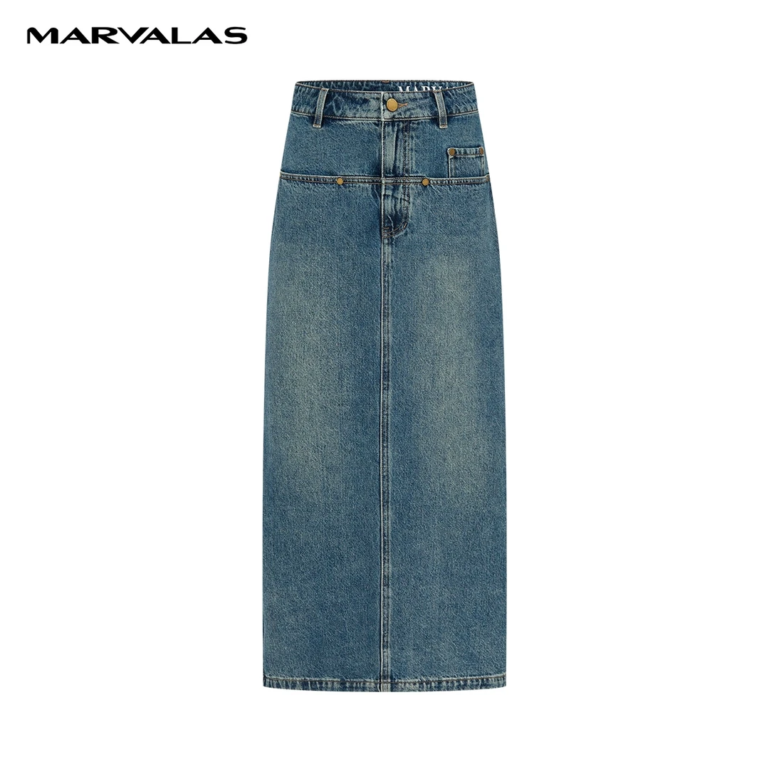 【曼德诗】高腰牛仔长裙春装新款复古全棉包臀半身裙M208309022