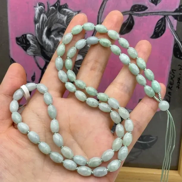 天然缅甸翡翠A货豆绿米珠编织项链挂件毛衣链男女同款卡6