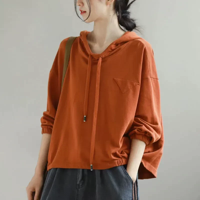 纯色长袖系带连帽卫衣女春季2025年新款外套文艺时尚休闲套头上衣