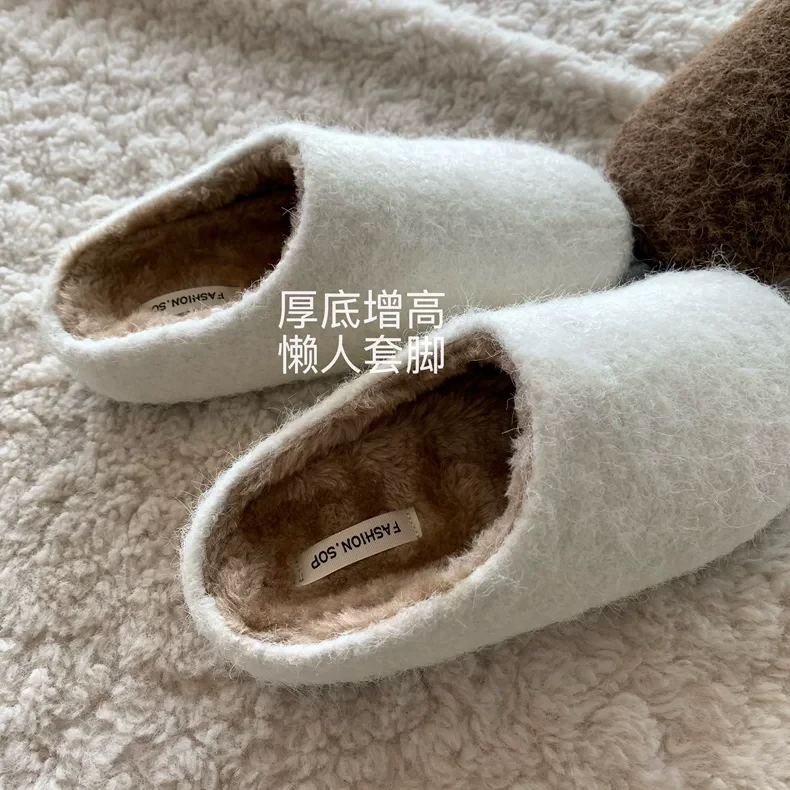 玻利维亚羊~网红呢子厚底勃肯鞋INS懒人毛毛拖鞋女冬毛茸茸棉半拖