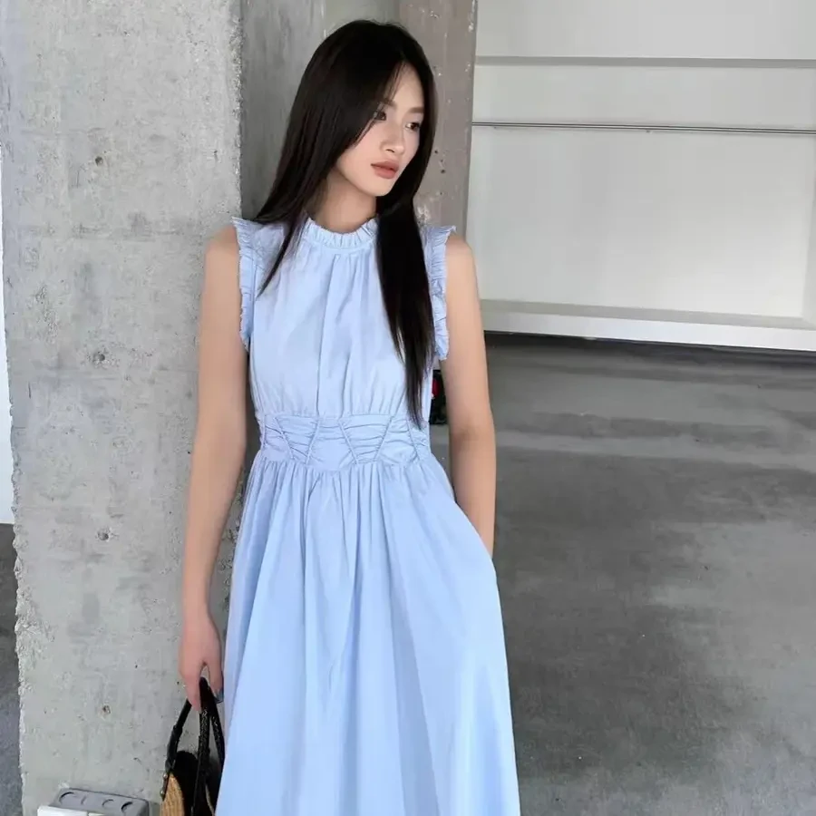 法式气质白色无袖收腰连衣裙女夏木耳边甜美可爱风修身中长款裙子