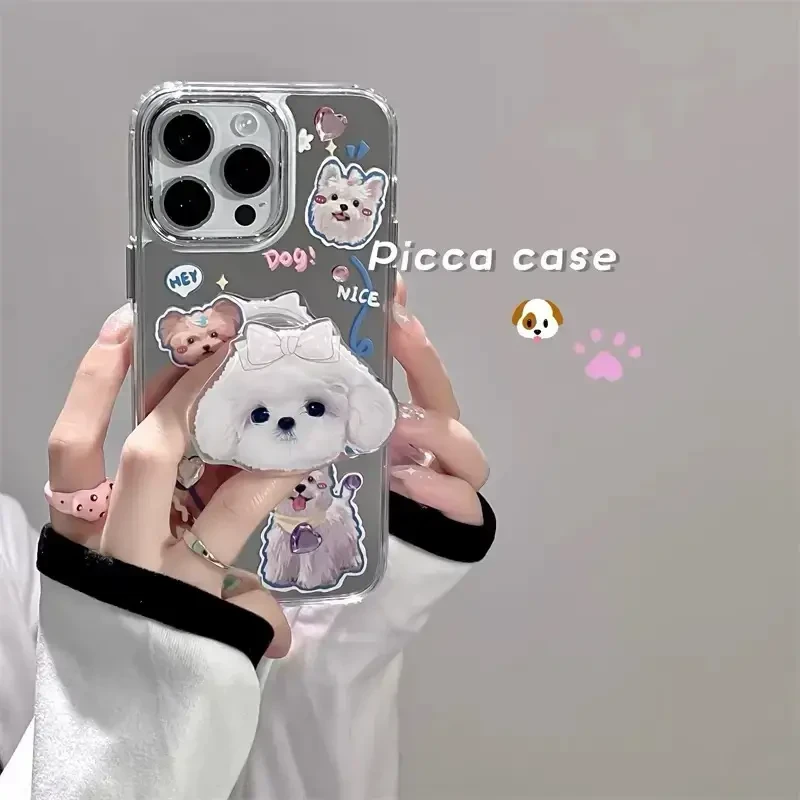 ins镜面可爱发夹修狗支架手机壳适用苹果/华为/oppo/vivo/小米软